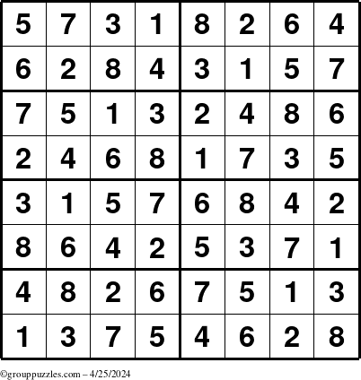 The grouppuzzles.com Answer grid for the Sudoku-8 puzzle for Thursday April 25, 2024