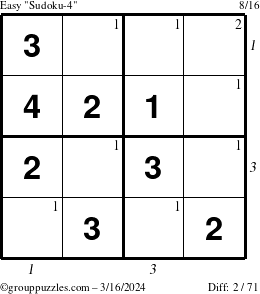 The grouppuzzles.com Easy Sudoku-4 puzzle for Saturday March 16, 2024 with all 2 steps marked