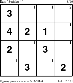 The grouppuzzles.com Easy Sudoku-4 puzzle for Saturday March 16, 2024 with the first 2 steps marked