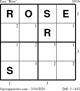 The grouppuzzles.com Easy Rose puzzle for Saturday March 16, 2024 with all 3 steps marked