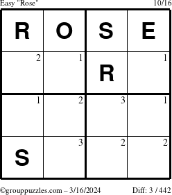 The grouppuzzles.com Easy Rose puzzle for Saturday March 16, 2024 with the first 3 steps marked