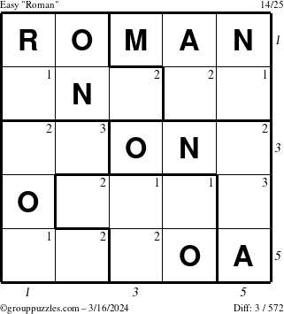 The grouppuzzles.com Easy Roman puzzle for Saturday March 16, 2024 with all 3 steps marked