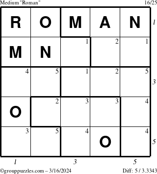 The grouppuzzles.com Medium Roman puzzle for Saturday March 16, 2024 with all 5 steps marked