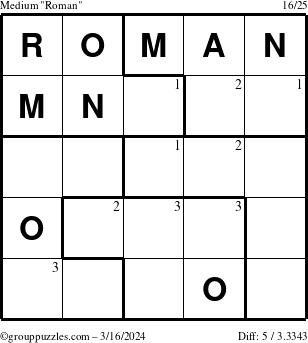 The grouppuzzles.com Medium Roman puzzle for Saturday March 16, 2024 with the first 3 steps marked