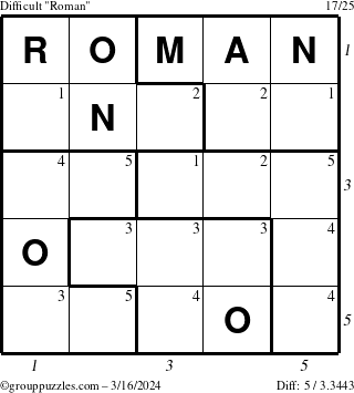 The grouppuzzles.com Difficult Roman puzzle for Saturday March 16, 2024 with all 5 steps marked