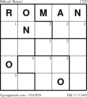 The grouppuzzles.com Difficult Roman puzzle for Saturday March 16, 2024 with the first 3 steps marked