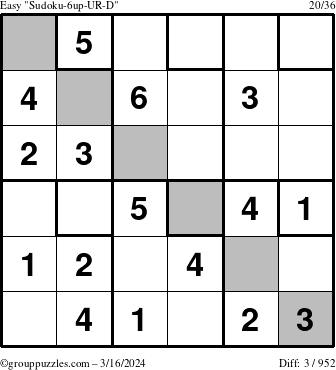 The grouppuzzles.com Easy Sudoku-6up-UR-D puzzle for Saturday March 16, 2024