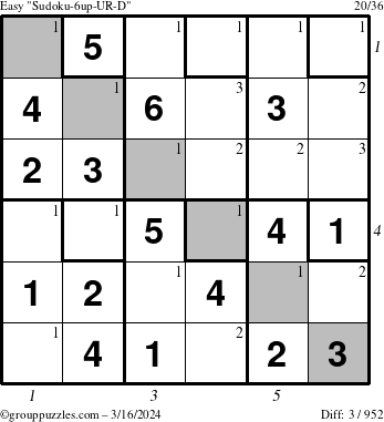 The grouppuzzles.com Easy Sudoku-6up-UR-D puzzle for Saturday March 16, 2024 with all 3 steps marked