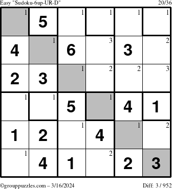 The grouppuzzles.com Easy Sudoku-6up-UR-D puzzle for Saturday March 16, 2024 with the first 3 steps marked