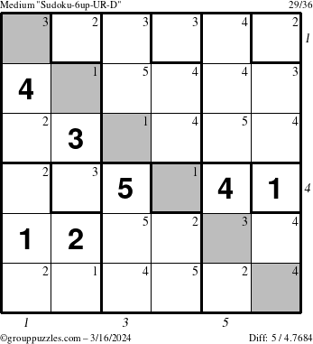 The grouppuzzles.com Medium Sudoku-6up-UR-D puzzle for Saturday March 16, 2024 with all 5 steps marked