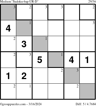 The grouppuzzles.com Medium Sudoku-6up-UR-D puzzle for Saturday March 16, 2024 with the first 3 steps marked
