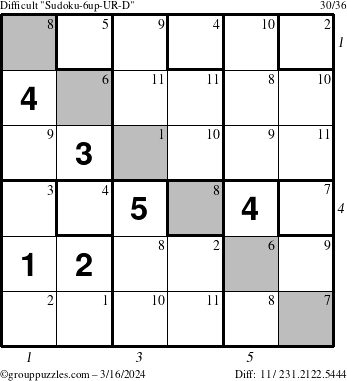 The grouppuzzles.com Difficult Sudoku-6up-UR-D puzzle for Saturday March 16, 2024 with all 11 steps marked