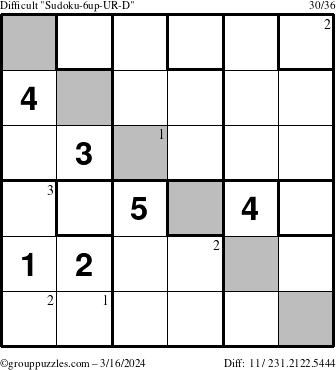 The grouppuzzles.com Difficult Sudoku-6up-UR-D puzzle for Saturday March 16, 2024 with the first 3 steps marked