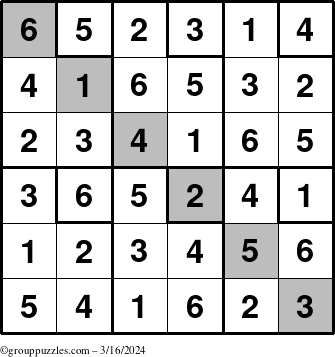 The grouppuzzles.com Answer grid for the Sudoku-6up-UR-D puzzle for Saturday March 16, 2024