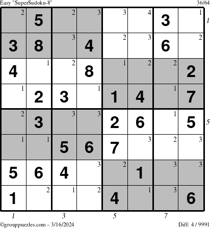 The grouppuzzles.com Easy SuperSudoku-8 puzzle for Saturday March 16, 2024 with all 4 steps marked