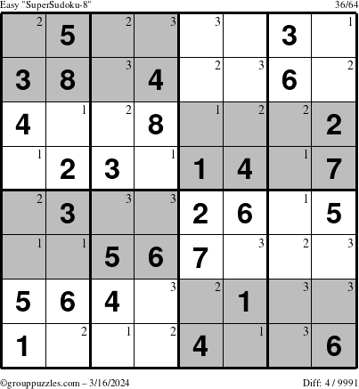 The grouppuzzles.com Easy SuperSudoku-8 puzzle for Saturday March 16, 2024 with the first 3 steps marked