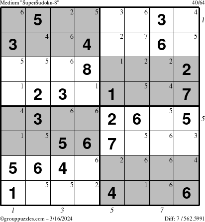 The grouppuzzles.com Medium SuperSudoku-8 puzzle for Saturday March 16, 2024 with all 7 steps marked