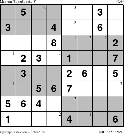 The grouppuzzles.com Medium SuperSudoku-8 puzzle for Saturday March 16, 2024 with the first 3 steps marked