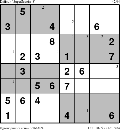 The grouppuzzles.com Difficult SuperSudoku-8 puzzle for Saturday March 16, 2024 with the first 3 steps marked