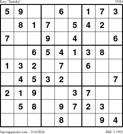 The grouppuzzles.com Easy Sudoku puzzle for Saturday March 16, 2024