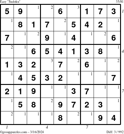 The grouppuzzles.com Easy Sudoku puzzle for Saturday March 16, 2024 with all 3 steps marked