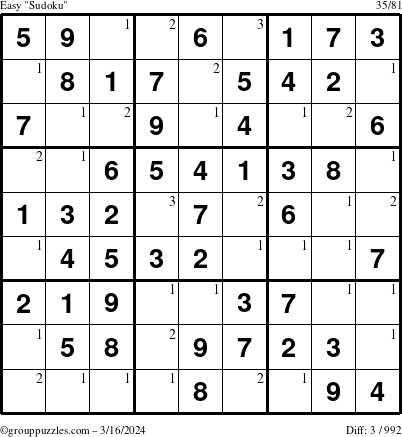 The grouppuzzles.com Easy Sudoku puzzle for Saturday March 16, 2024 with the first 3 steps marked