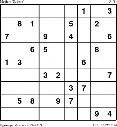 The grouppuzzles.com Medium Sudoku puzzle for Saturday March 16, 2024
