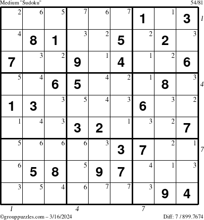 The grouppuzzles.com Medium Sudoku puzzle for Saturday March 16, 2024 with all 7 steps marked