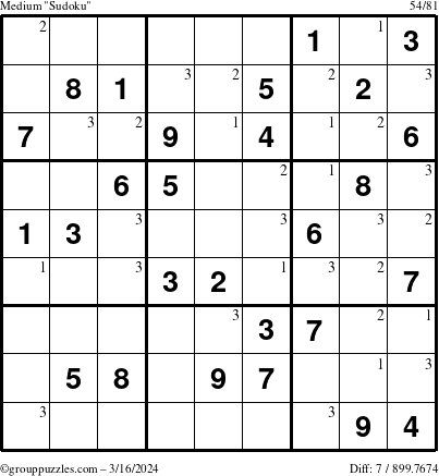 The grouppuzzles.com Medium Sudoku puzzle for Saturday March 16, 2024 with the first 3 steps marked