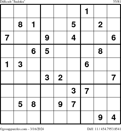 The grouppuzzles.com Difficult Sudoku puzzle for Saturday March 16, 2024
