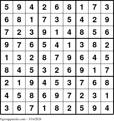 The grouppuzzles.com Answer grid for the Sudoku puzzle for Saturday March 16, 2024