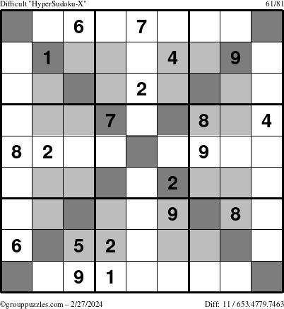 The grouppuzzles.com Difficult HyperSudoku-X puzzle for Tuesday February 27, 2024