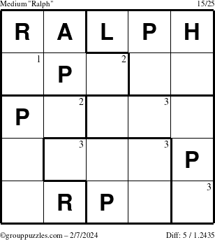 The grouppuzzles.com Medium Ralph puzzle for Wednesday February 7, 2024 with the first 3 steps marked