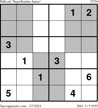 The grouppuzzles.com Difficult SuperSudoku-Junior puzzle for Wednesday February 7, 2024