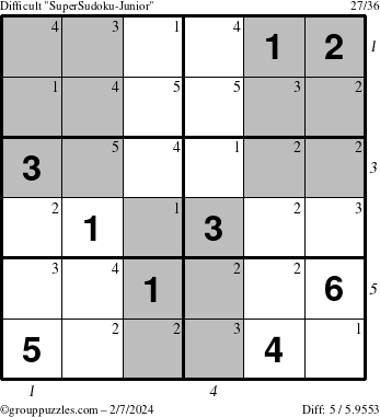 The grouppuzzles.com Difficult SuperSudoku-Junior puzzle for Wednesday February 7, 2024 with all 5 steps marked