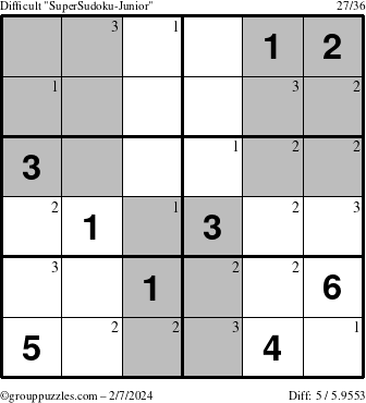 The grouppuzzles.com Difficult SuperSudoku-Junior puzzle for Wednesday February 7, 2024 with the first 3 steps marked