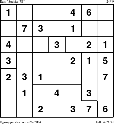 The grouppuzzles.com Easy Sudoku-7B puzzle for Wednesday February 7, 2024