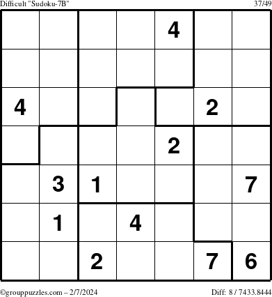 The grouppuzzles.com Difficult Sudoku-7B puzzle for Wednesday February 7, 2024
