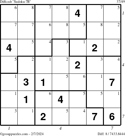 The grouppuzzles.com Difficult Sudoku-7B puzzle for Wednesday February 7, 2024 with all 8 steps marked