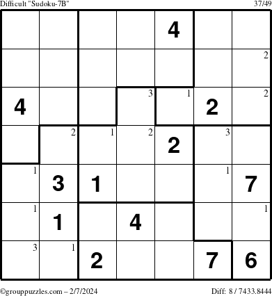 The grouppuzzles.com Difficult Sudoku-7B puzzle for Wednesday February 7, 2024 with the first 3 steps marked