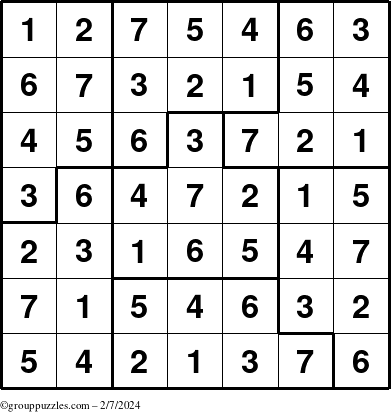 The grouppuzzles.com Answer grid for the Sudoku-7B puzzle for Wednesday February 7, 2024