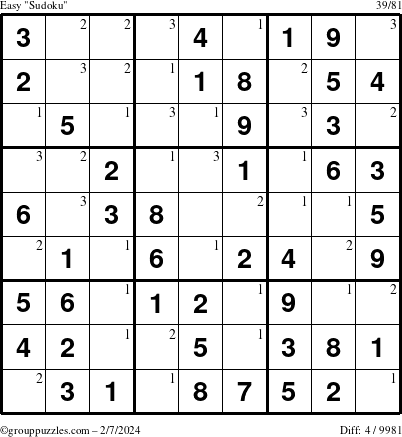 The grouppuzzles.com Easy Sudoku puzzle for Wednesday February 7, 2024 with the first 3 steps marked