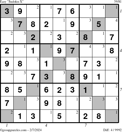 The grouppuzzles.com Easy Sudoku-X puzzle for Wednesday February 7, 2024 with all 4 steps marked