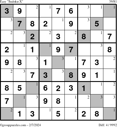 The grouppuzzles.com Easy Sudoku-X puzzle for Wednesday February 7, 2024 with the first 3 steps marked