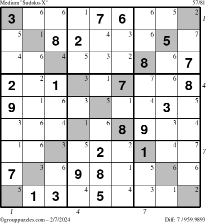 The grouppuzzles.com Medium Sudoku-X puzzle for Wednesday February 7, 2024 with all 7 steps marked