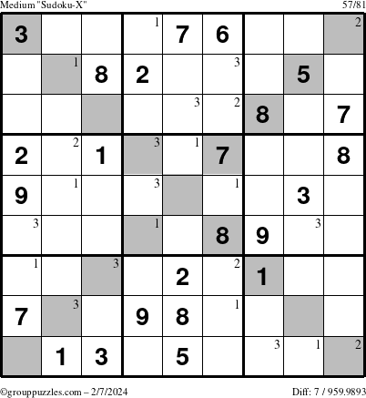 The grouppuzzles.com Medium Sudoku-X puzzle for Wednesday February 7, 2024 with the first 3 steps marked