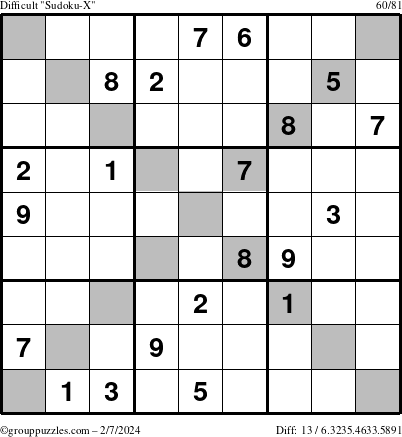 The grouppuzzles.com Difficult Sudoku-X puzzle for Wednesday February 7, 2024