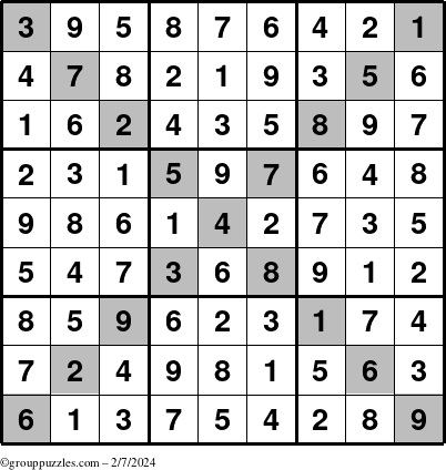 The grouppuzzles.com Answer grid for the Sudoku-X puzzle for Wednesday February 7, 2024