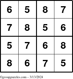 The grouppuzzles.com Answer grid for the Sudoku-4-5678 puzzle for Wednesday March 13, 2024