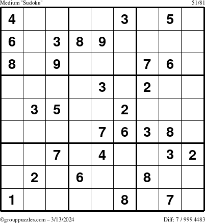 The grouppuzzles.com Medium Sudoku puzzle for Wednesday March 13, 2024